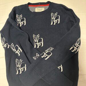 Abercrombie & Fitch Bulldog Puppy Sweater Size Small Navy Blue 100% Cotton Y2K